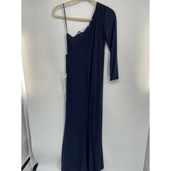 Ieena Mac Duggal One Shoulder LongSleeve Jersey Gown SZ 10 Midnight SPLIT NWT - Picture 6 of 6